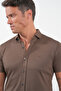 Brown Italian Collar Short Sleeve Pocketless Slim Fit Cotton Shirt 1004260158 - 4