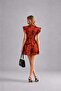Women's Elastic Waist Double Breasted Collar Patterned Mini Dress Pomegranate - 2