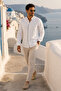 Hakim Collar Black Stitching Detailed Long Sleeve Men's Shirt White - 3