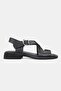WOMEN'S BLACK GENUINE NATURAL LEATHER STRAPPED BUCKLE FLAT SANDALS - 5