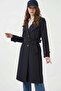 Women's Double Breasted Collar Belted Navy Blue Trench Coat - 5