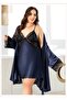 Strappy Lace Detailed Navy Blue Plus Size Satin Nightgown