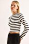 Women's Stripe Patterned Crop Blouse Black - 4