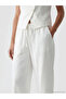 White Elastic Waist Linen Blend Women's Trousers - 5