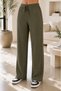 Haki Green Slim Ribbed, Lace-Up High Waist Wide Leg Women's Pants - 2