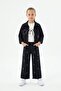 Black Embroidered Zippered Jean Jacket and Trousers Girls' 3-Piece Set 24140