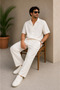 Men's Ecru Linen Shirt and Trousers Set Oversize Comfortable Fit Summer Two-Piece Set - 3