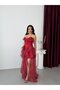 Red Strapless Flounce Polka Dot Evening Dress - 4