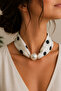 Black Polka Dots on White Pearl Detail Front Closure Satin Scarf Necklace (45cm)