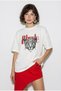 Women's White 100% Cotton Cheetah Printed Oversize T-Shirt with Text Detail Öt261063 60286379 - 4