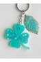 Four-Leaf Clover Keychain with Turquoise Green and Silvery Reflections on It, with Leaf Details - 5