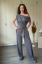 Off-Shoulder Front Knot Detailed Asymmetrical Wide-Leg Gray Suit