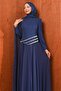 Navy Blue Pearl Embroidered Cape Evening Dress - 3