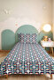Navy Blue Geometric Youth Room Single Pique Set - Mint Salmon Retro 160X220 cm Bedspread - 6