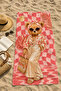 Teddy Bear Pink Checkered Summer Patterned 70X150 Beach Towel - 5