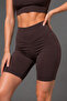 Women's Dark Brown High Waist Gathering Stretchy Short Leggings - 2