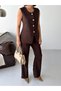 Women's Gold Button Detailed Vest and Trousers Two-Piece Set - Bitter Coffee - 5