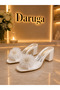 Women's Ecru Pearl Detailed Furry Thick Heeled Slippers – Stylish for Special Occasions & Daily Use Wedding Slippers Engagement Slippers