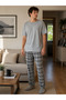 Men's Gray Plaid Patterned Cotton Combed Cotton Pajama Set - 2