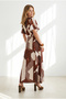 Women's Geometric Coffee Buttoned Belted Maxi Viscose Shirt Dress Elb-19002382 - 6