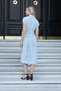 Women's Jacquard Off-Shoulder Gathered Waist Midi Dress with Pockets-Blue - 5