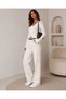 Women's White V-Neck Front Adjustable Gathered Openwork Long Sleeve Knitwear Blouse - 4