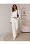 Women's White V-Neck Front Adjustable Gathered Openwork Long Sleeve Knitwear Blouse - 5