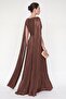 Women's Brown Chiffon Flowy Cape Sleeve Long Evening Dress - 6