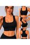 Black Padded Zippered Sports Bustier Gathering Crop Supportive Sports Bra - 2