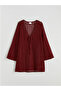 Burgundy V-Neck Openwork Beach Dress - 3