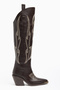 Bitter Brown Matte Leather Metal Toe Cap Embroidered Over-The-Knee Western Cowboy Boots