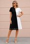 Women's Short Sleeve V-Neck Double Color Short Laser Cut Flower Detailed Imported Crepe Dress - 2