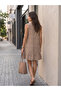 Women's Beige Color Patterned V-Neck Sleeveless Skirt with Ruffles Comfortable Fit Viscose Elastane Fabric Dress - 5