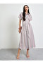 Beige Fitted Waist Striped Shirt Maxi Dress