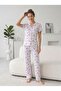 Pink Rose Patterned Bow Detailed Summer Ribbed Knitted Cotton Pajama Set - 2