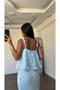 Women's Baby Blue Lace Detailed Strappy Flowy Blouse Pencil Skirt Set - 2