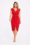 Women's Plus Size Red, V-Neck, Front Slit Skirt, Padded Light Low Sleeve Jersey Dress 65N39587 - 3