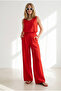 Women's Red Top V-Neck Bell Blouse Bottom Pocketed Pants Soft Textured Suit Tkm-19000413 - 5