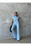 Women's Lycra Denim Set - Short Sleeve Pocket Detailed Denim Jacket and Spanish Flare Pants Two-Piece Set - 2