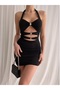 Women's Black Window Detailed Stoned Mini Dress Yel0751