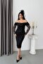 Black Boat Neck Strap Sequined Midi Lace Evening Dress