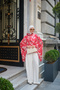 Women's Floral Patterned Scarf Wide Sleeve Blouse Red - 3