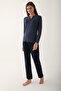 2659 Dotted Navy Blue Women's Long Sleeve Pajamas Set - 2