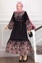 Floral Pattern Half Button Dress Black