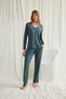 Green Lace Buttoned Pajama Set, Women's Long Sleeved Viscose Pajama Set, V-Neck Guipure Home Wear Dress, 2-Piece Pajama, - 2