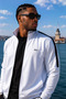 White Stand Collar Tracksuit Set with Stripe Detail, Straight Leg, Comfortable Fit, Men's Cotton Fabric - 4