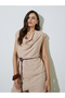 Beige Cowl Neck Tie-Cord Belt Blouse And Pants Co-Ord Set - 2