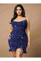 Kapsulavm Special Design Plus Size Blue Sequined Shiny Sparkly Gathered Blue Mini Club Dress - 2