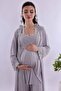 Adjustable Waist Elastic Long Robe Maternity Pajama Set Effortt - Gray - 3