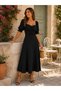 Timeless Elegance Women's Square Neck Gathered Detailed Midi Crepe Dress - 3